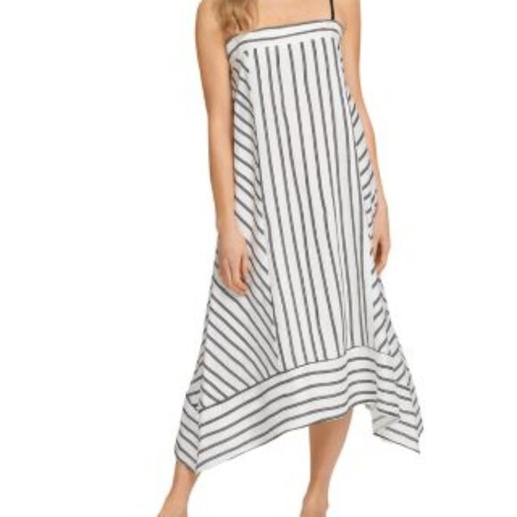 DKNY black & white striped sleeveless linen Asymmetrical hem midi dress sz S - Picture 2 of 10